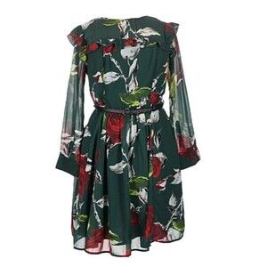 eShakti Green Floral Fit & Flare Dress Ruffle Faux Leather Belt 1X Dark Romantic